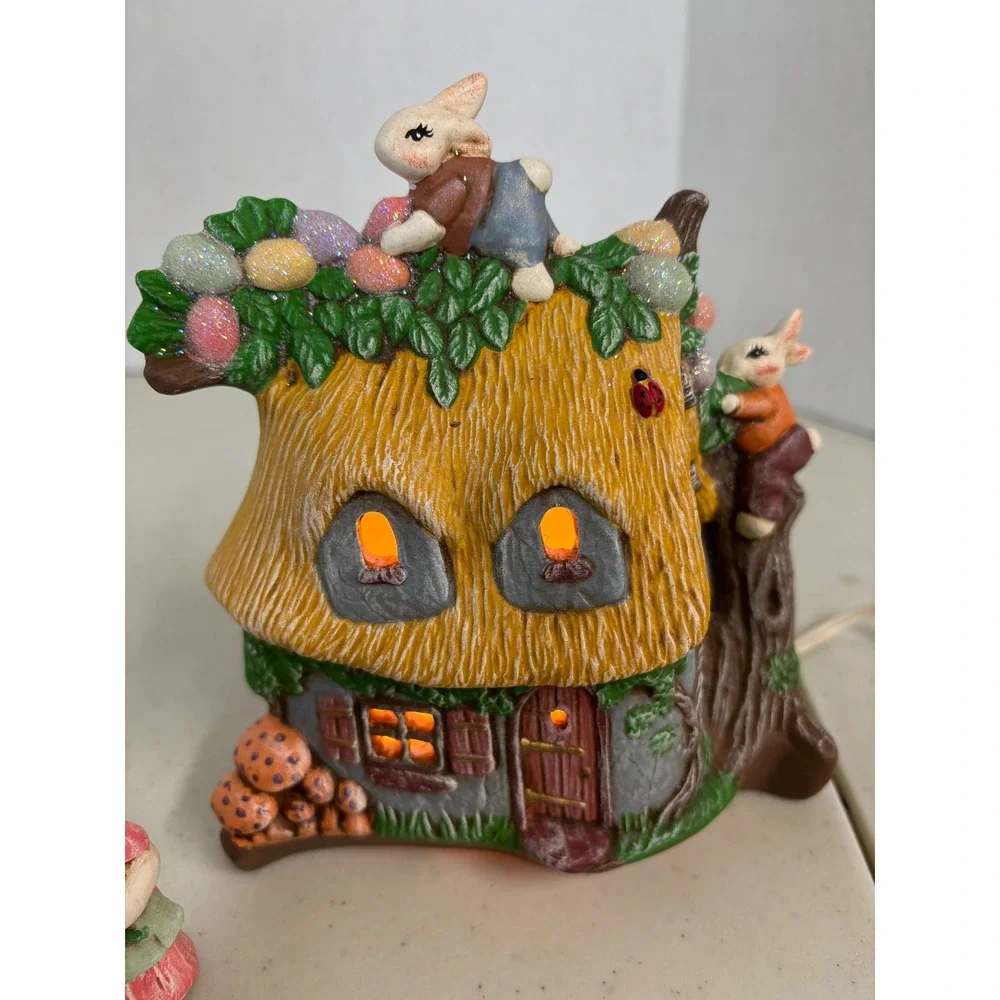 Easter Bunny Cottage‎  Light with 3 Figurines Ceramic Illuminated Decor Set